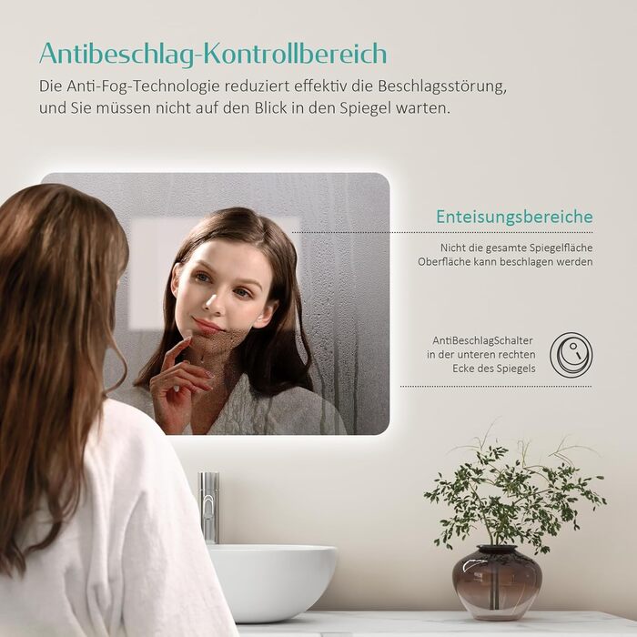 Дзеркало для ванної кімнати EMKE з підсвічуванням 50x70 см, запобігання запотіванню, 3 кольори світла, регулювання яскравості, сенсорне управління, функція пам'яті та автоматичне вимкнення через 3 години, ідеально для ванної кімнати (60 x 40 см)