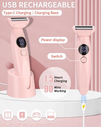 Електричний жіночий тример 5-в-1 для тіла, бікіні, брів та носа, з USB-станцією, білий (рожевий)