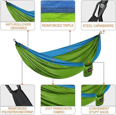 Гамак для відпочинку на відкритому повітрі на 2 особи, 300x200 см, вантажопідйомність 249 кг, ультралегкий, з ременями для дерев, дихаючий нейлоновий гамак для подорожей, кемпінгу та саду (оливковий/синій)