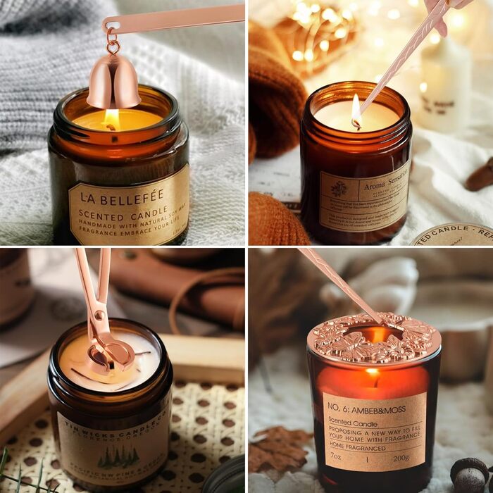 DORAFO Candle Accessory Set, 5-in-1 Stainless Steel Candle Care Set, including Candle Snuffer, Wick Trimmer, Wick Spoon, and 2 Lid Candle Holders with Gift Package (Rose Gold)