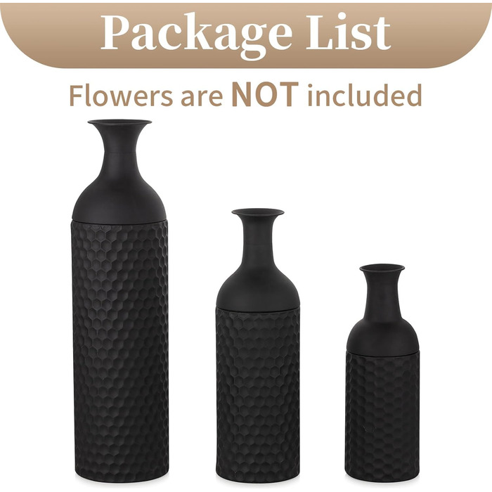 Vintage Black Tall Floor Vase Set of 3 - 68/51/41cm Metal Honeycomb Texture Matte Decorative Vase for Living Room, Dining Room, Bedroom, Office & Home Décor