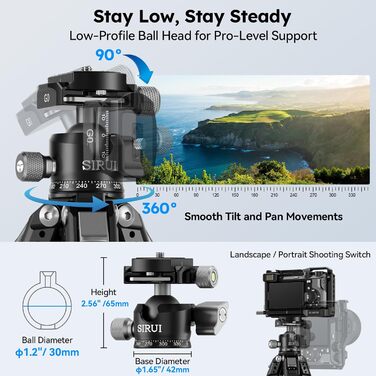 Штатив SIRUI AM-225 Carbon з кульковою головкою 360° (B-00K), 127 см, 0.93 кг, 6 кг. Легкий та компактний професійний штатив з 5 секціями, швидкознімною платформою