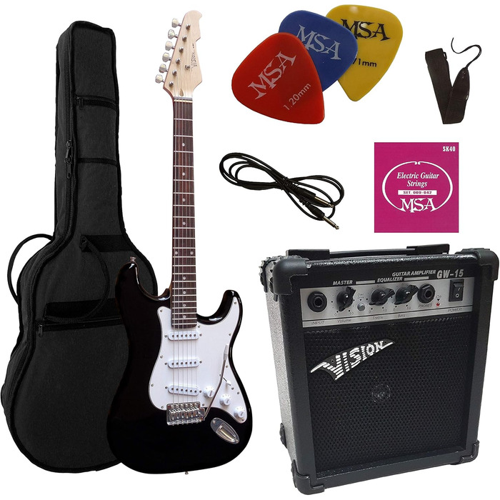Електрогітара чорна - комплект з підсилювачем 20W, чохол, ремінь, струни, 3 медіатори St5 Black