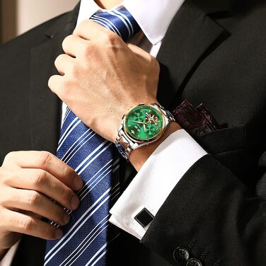 Годинник чоловічий OLEVS Automatik Skelett з автопідзаводом, механічний, люкс, з діамантами, сапфірове скло, водонепроникний, браслет з вольфрамової сталі (3186 Зелений/Золотий)