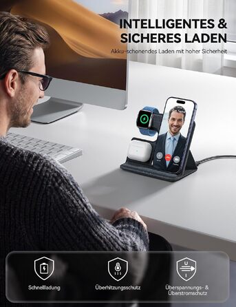 Зарядна станція 3 в 1 Lamicall для iPhone та Apple Watch, сумісна з MagSafe, сіра