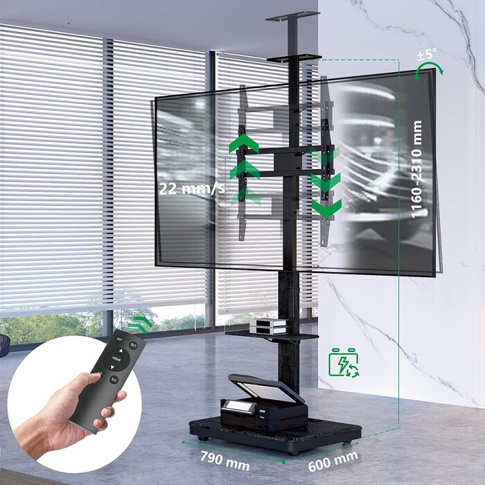 Моторний підставка для телевізора XTRARM Elite: регулювання висоти, VESA 600x400, максимальне навантаження 60 кг, з полицями та стійкою для кабелів (Білий/Чорний)