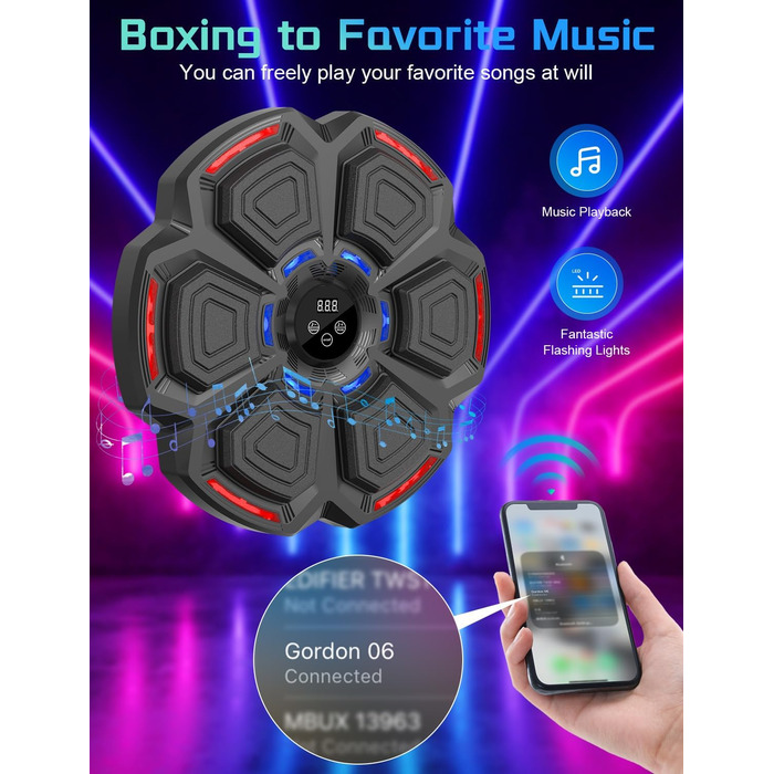 AONESY Music Boxing Machine - Bluetooth Punching Bag with LED Lights, 9 Speed Modes & Counter for Adults & Kids