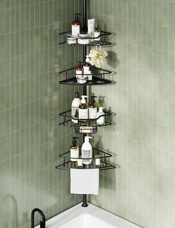 Кутова душова кабіна USHOWER з полицями для шампуню, 4-ярусна, з регульованою по ширині стійкою, з нержавіючої сталі, 130-307 см, чорна