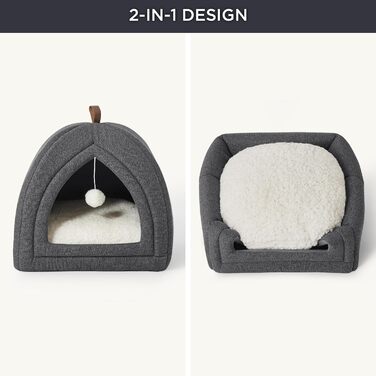 Ліжко для котів BEDSURE велике, 40x40x40 см. Затишне ліжко-будиночок для котів з м'якою подушкою Sherpa та іграшкою. Легко миється, колір - темно-сірий.