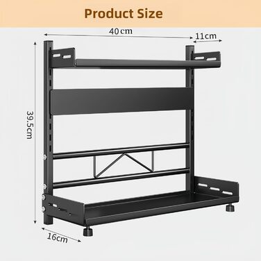 Металевий органайзер для спецій на 2 яруси, регульована висота, з захисним гратом та тримачем для ножів, чорний