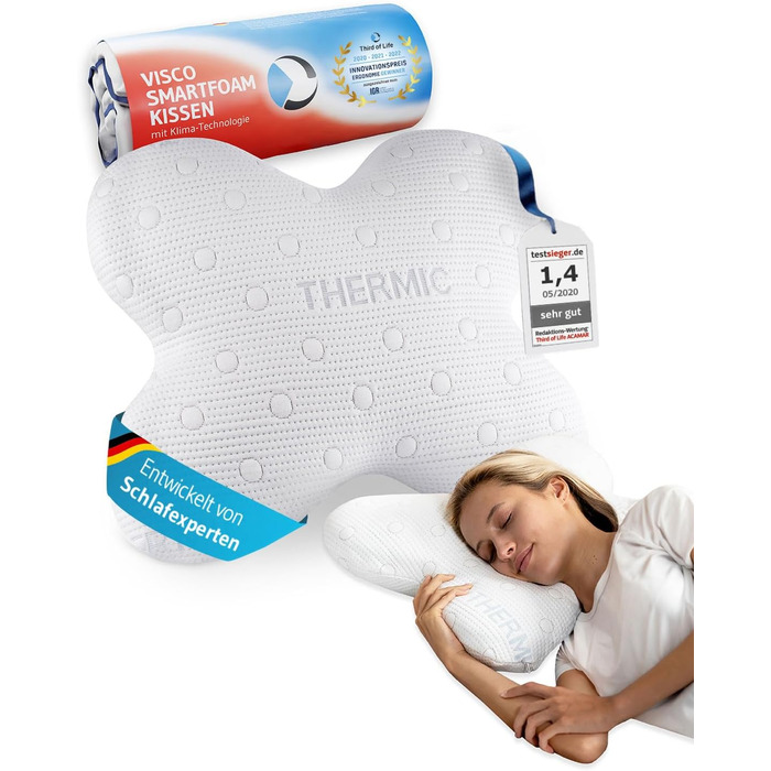 Side Sleeper Pillow ACAMAR, Third of Life - 2022 Innovation Award Winner, Orthopedic Neck Pillow for Neck Pain, Viscoelastic Memory Foam, Ergonomic Head Pillow with Thermo Cover White Thermoregulating Cover