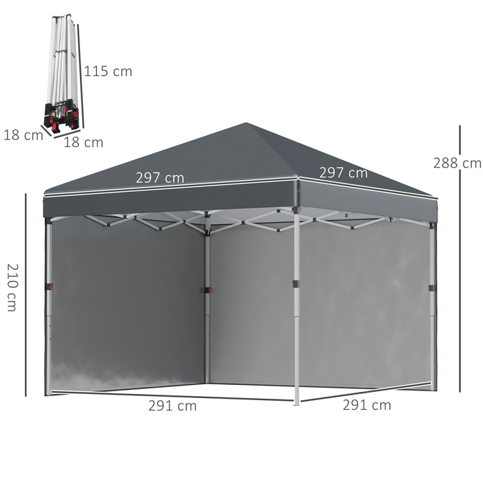 Outsunny Folding Gazebo 2.97 x 2.97 m with Side Walls, UV Protection Camping Tent, Party Tent with Sandbag, Steel Dark Gray for Garden & Terrace