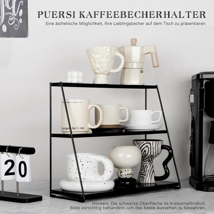 PUERSI Coffee Mug Holder, Coffee Mug Shelf for Countertop, Cup Stand Metal, 3-Tier Cup Holder for Coffee Bar, Coffee Station Accessories, Cup Organizer for Kitchen, Counter, Cafe - Black