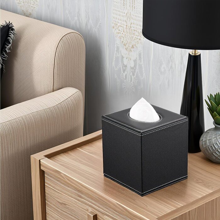 KINGFOM Скляна коробка для серветок, шкіряна, квадратна | Коробка для серветок у ванну, авто, офіс, спальню (Чорний)