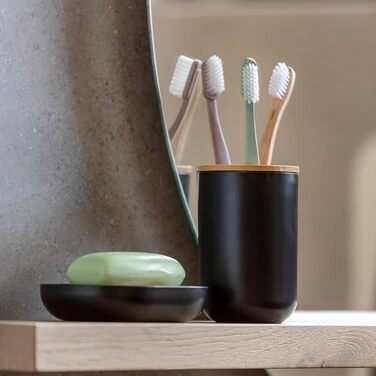 Набір для ванної кімнати MissFox 6 предметів: мильниця, дозатор миючого засобу, сміттєвий бак, тримач для зубних щіток, бачок для води, дозатор мила, аксесуари для ванної кімнати з бамбука, білий/чорний