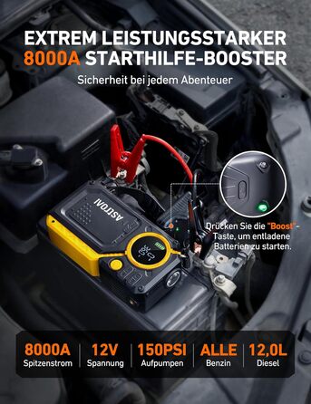 AstroAI Пусковий пристрій для авто з компресором 150PSI, 8000A, для бензину/12L дизеля. Powerbank з входами/виходами, повний комплект (Жовтий)