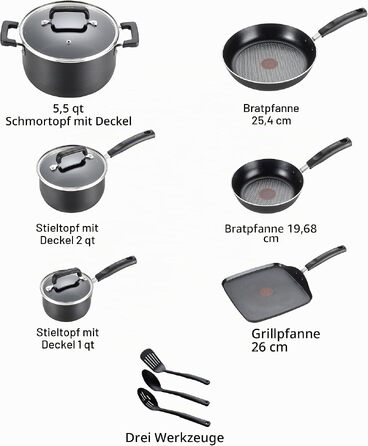 Набір антипригарного посуду T-fal Signature, 12 предметів, термостійкий до 350°C, каструлі та сковорідки, чорний