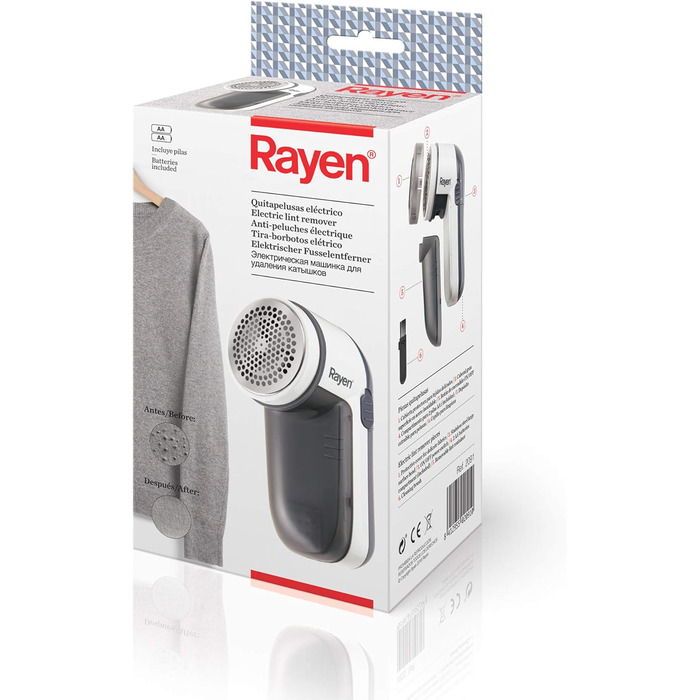 Електричний прибирач для одягу Rayen, білий/сірий, для всіх типів тканини, з батарейками, захисний ковпачок ABS, 13 x 6,8 x 5,8 см