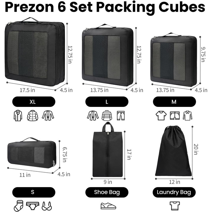 Набір кубиків-органайзерів для подорожей Prezon (6 шт., чорний)