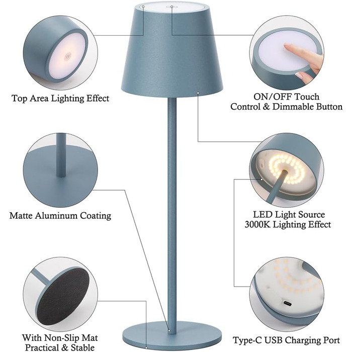 LED-лампа Klighten: 2 шт. акумуляторні настільні лампи з димуванням, USB-C, IP54, для дому та вулиці (блакитні)