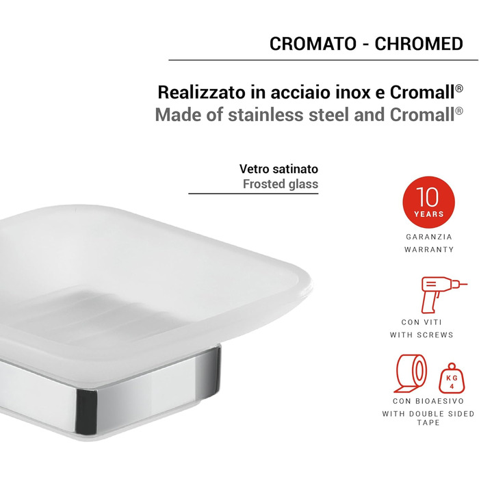 Настінна мильниця Gedy Tonga, хром, нержавіюча сталь, скло, 10,3 x 11,6 x 5 см, самоклеюча, без свердління