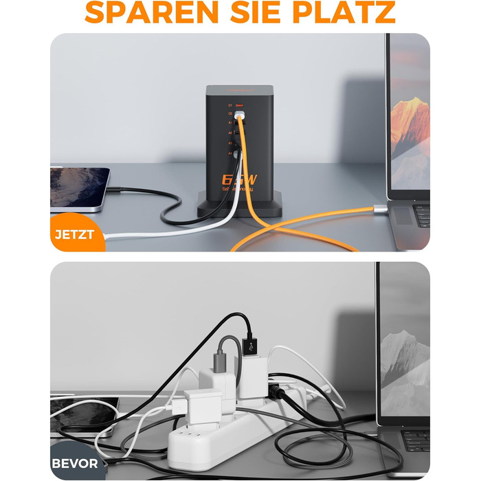 Зарядний пристрій TESSAN 6 в 1 з 6 портами USB, 65W, з кабелем 2м, для телефонів, планшетів та іншого, білий/чорний