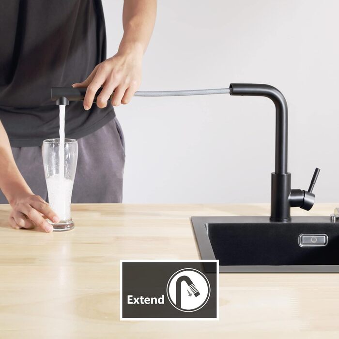 Кран кухонний CECIPA X203B чорний матовий, висувний, з донцем, 360° поворот, нержавіюча сталь