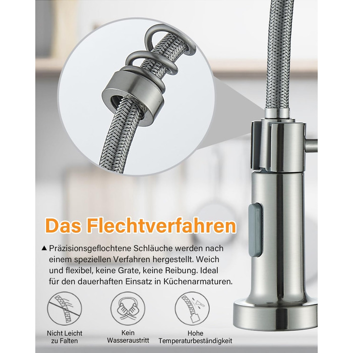 Кран кухонний Hbronzeshower з висувною лійкою, 360° обертання, нержавіюча сталь, щіткований нікель