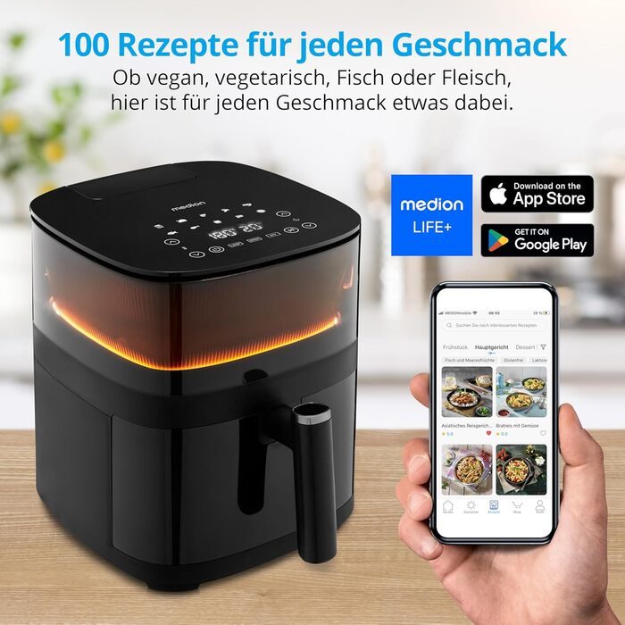 Аерофритюрниця MEDION X10 XL, 5 л, 1500 Вт, з вікном, автоматичні програми, функція розпилення води, хрустка їжа