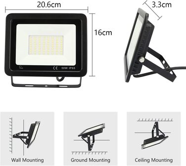 LED Floodlight 50W, Outdoor 5000LM, Spotlight 72 LED IP65 Waterproof, Outdoor Floodlight 6500K Cool White, 230V for Garage, Garden 【2 Pieces Black】