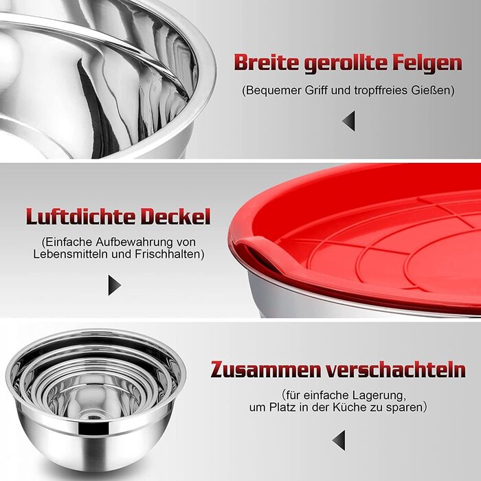Homikit Mixing Bowl Set of 7, Stainless Steel Bowl Set, Salad Bowl with Airtight Lid for Cooking/Baking/Serving, Stackable, Versatile, Dishwasher Safe, 6.5/4.5/2.7/2.5/1.5/1.2/0.7L, Red