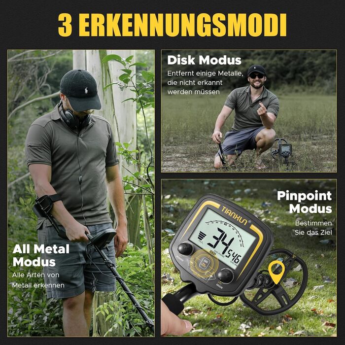 Металдетектор 13''/33см Profi з великою водонепроникною двокотушковою пошуковою котушкою, високою чутливістю та функцією Pinpointer, для пошуку золота, для дорослих з LCD-дисплеєм (Сірий)