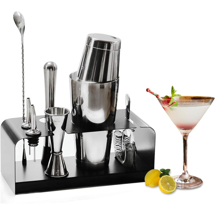 Sky Fish Cocktail Set, 8-Piece Bar Accessory Set with Stainless Steel Stand, Perfect Home Bartending and Martini Cocktail Shaker Set.
