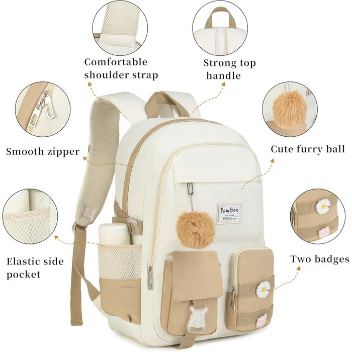 Шкільний рюкзак YAMTION для підлітків, 15.6 дюймів, для ноутбука, для старшої школи, коледжу, милий (Хакі, 15.6 дюймів)