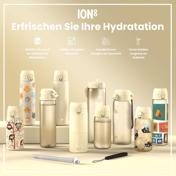 Ion8 Stainless Steel Drinking Bottle, 600 ml, Leak-Proof, One-Hand Operation, Secure Locking Mechanism, Dishwasher Safe, Flip-Top Lid, Carrying Handle, Easy to Clean, Durable & Scratch-Resistant (Stainless Steel, Creamy White)