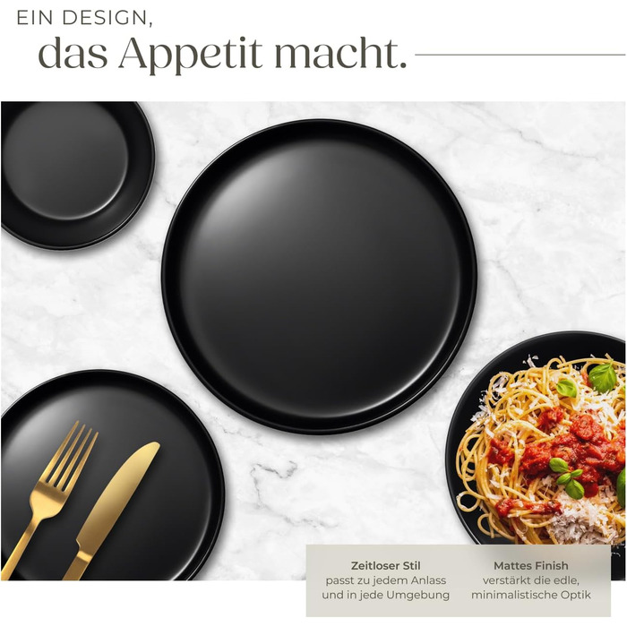 Набір посуду Tectake® для 6 осіб, 24 елементи: чорний набір посуду з кераміки, тарілки, миски, глибокі тарілки та тарілки для сніданку