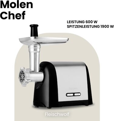 ZEEGMA Electric Meat Grinder - 1900W, Stainless Steel Plates, 3kg/min, Sausage Maker, Kubbe Maker, Chopping, Dicing, REV Function, Accessory Set - Silver