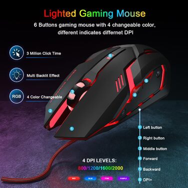 Ігровий набір клавіатури та миші з навушниками, QWERTZ DE розкладка, RGB підсвітка клавіатури, ігрова миша з LED підсвіткою (4 кольори), навушники Over-Ear, велика ігрова килимок, USB провідне підключення для PC, Mac, PS5, Xbox