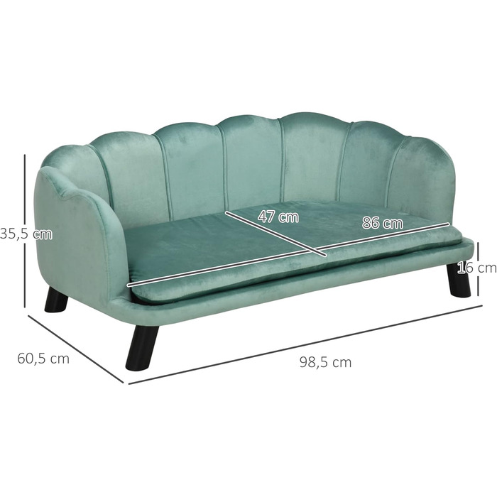 PawHut Софа для собак, диван для котів, зелений, з підголівником та дерев'яними ніжками, для собак середнього розміру до 25 кг