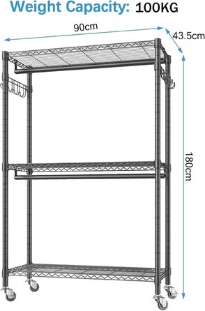Clothes rack, clothes rod, rolling clothes rack, rolling clothes rod, sturdy clothes rack, clothes rack with wheels 90x43.5x180cm, load capacity 100kg