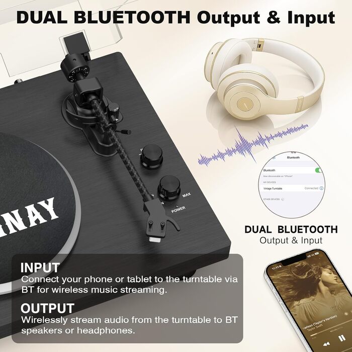 Програвач вінілу Bluetooth чорний з регульованим противагом, 33/45 об/хв, для платівок 7/10/12 дюймів, Hi-Fi звук