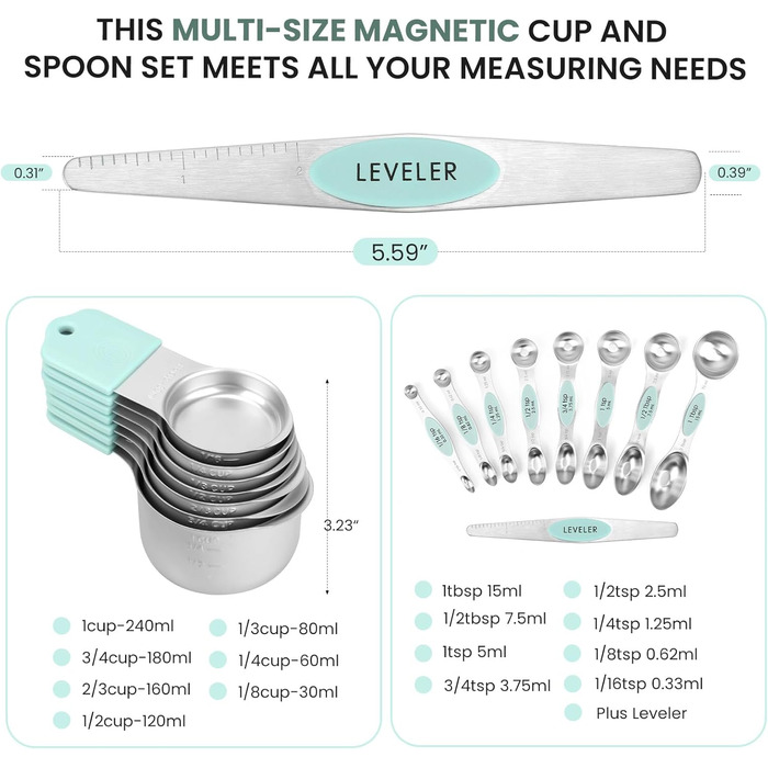 Magnetic Measuring Cup and Spoon Set, Durable 304 Stainless Steel, Double Measuring Markings, 16-Piece Set, with Leveler for Measuring Dry and Liquid Ingredients, Mint Green