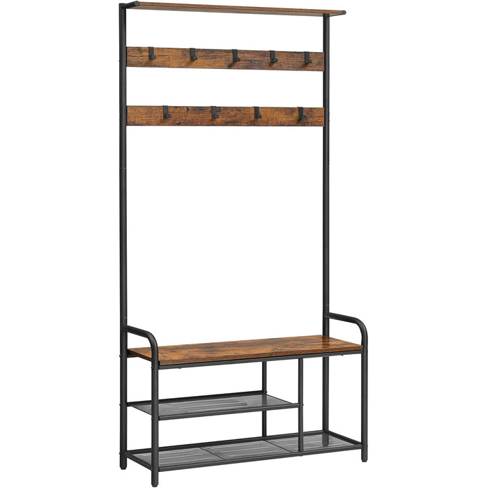 VASAGLE Coat Rack, Coat Stand, Clothes Rack with 9 Hooks, Shoe Bench, Shelf, 30 x 85 x 180.5 cm, for Entryway, Bedroom, Small Apartments, Industrial Design, Vintage Brown-Black HSR409B01