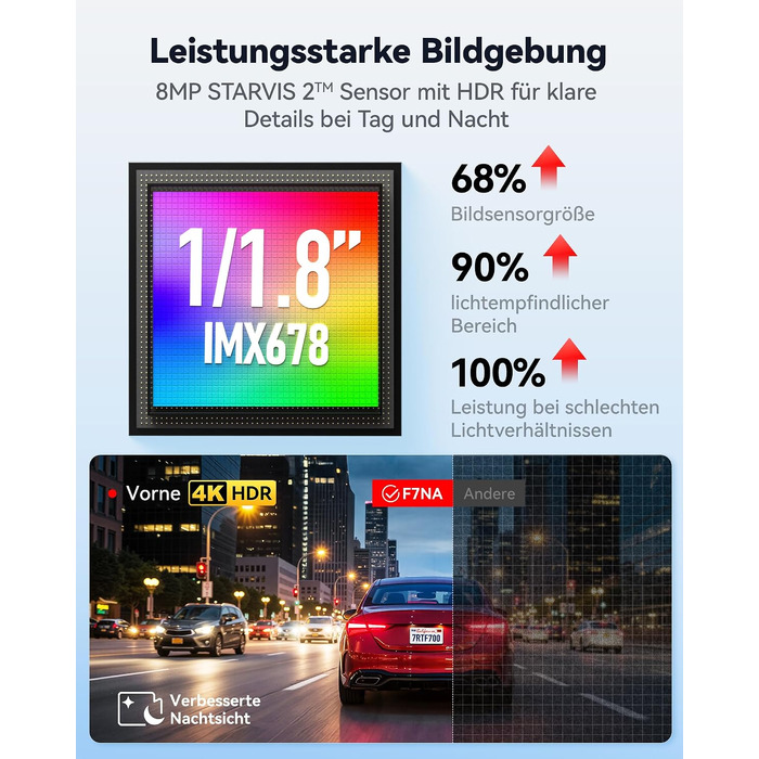 Автомобільний відеореєстратор REDTIGER F7NA 4K UHD (передній та задній), сенсор STARVIS 2 IMX678 8MP, двоканальна камера для авто