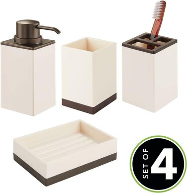 Набір аксесуарів для ванної кімнати mDesign 4-Piece – тримач для зубних щіток, дозатор мила, мильниця та стаканчик, кремово-бронзовий колір, міцний пластик