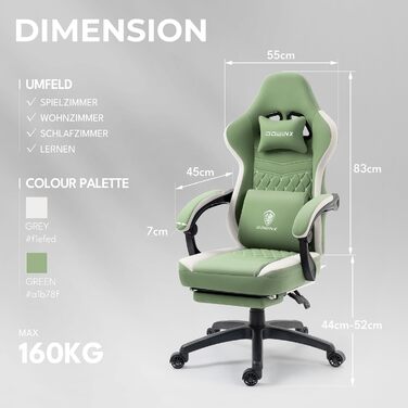 Ігрове крісло Dowinx з тканини, масажне, з підніжкою та пружинною подушкою, ергономічне, для геймерів і офісу, навантаження до 150 кг, зелено-біле