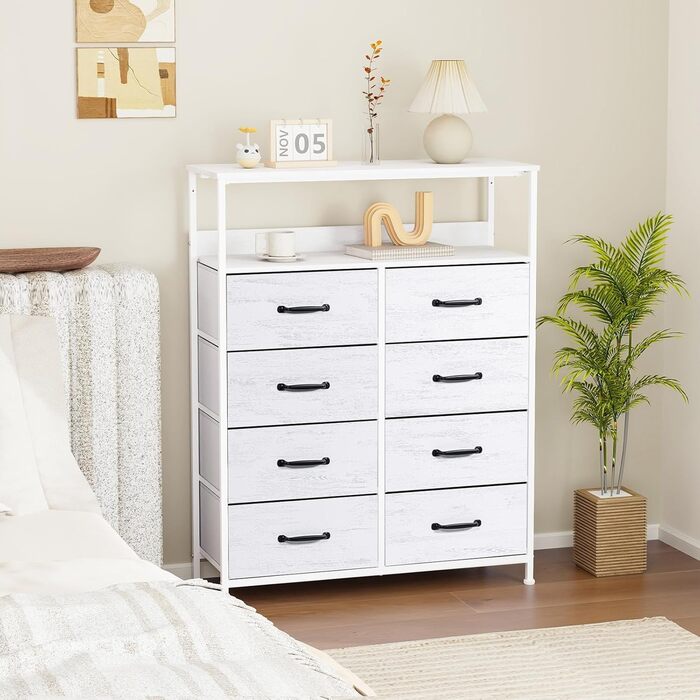 LYNCOHOME Chest of Drawers with Drawers, Fabric Chest of Drawers, TV Stand Sideboard with 6 Fabric Drawers, Storage Cabinet Bedroom Drawer Chest Kitchen Storage Furniture for Office Hallway (White-828)