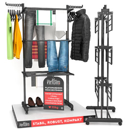 Сушарка для білизни VertiSlim складана, вежа з 4 рівнями, нержавіюча сталь, на колесах, чорна - для дому та вулиці