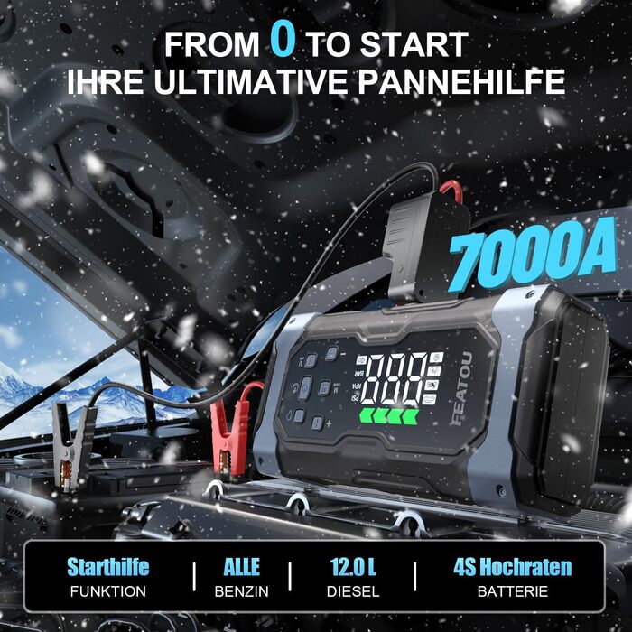 Powerbank для автомобіля Starthilfe 7000A з компресором 150PSI, 12V, до 10L дизеля, QC3.0, LCD, ліхтарик