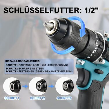 Акумуляторний ударний дриль-шуруповерт сумісний з Makita 18V, 13 мм, безщітковий, 35+3 ступені крутного моменту, 90 Н.м, 2 регульовані ступені, акумуляторний шуруповерт з 3 насадками (без акумулятора)